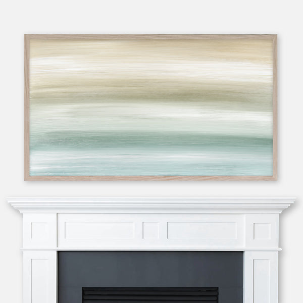 Abstract aqua blue and beige ombre painting displayed in Samsung Frame TV above fireplace