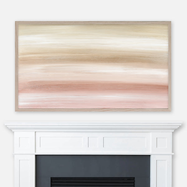 Abstract blush pink and beige ombre painting displayed in Samsung Frame TV above fireplace