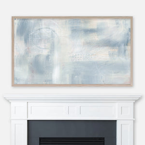 Abstract blue gray and ivory cream painting displayed in Samsung Frame TV above fireplace