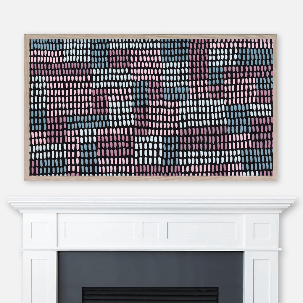 Blue purple and pink abstract line pattern painting displayed in Samsung Frame TV above fireplace