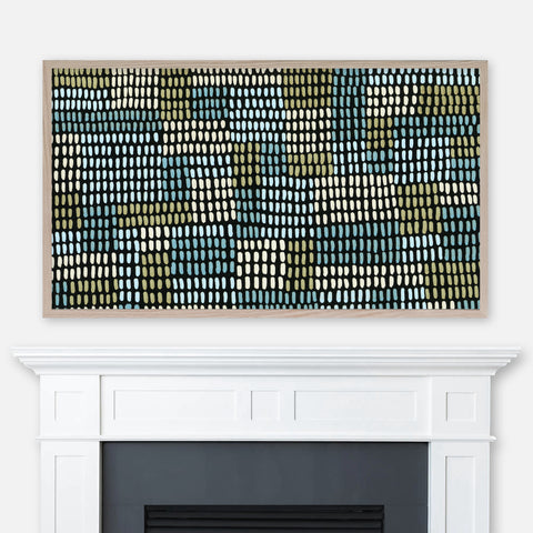 Teal olive green and cream abstract line pattern painting displayed in Samsung Frame TV above fireplace