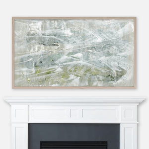 Slate blue gray and olive sage green abstract painting displayed in Samsung Frame TV above fireplace