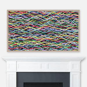 Colorful abstract line doodle pattern painting displayed in Samsung Frame TV above fireplace