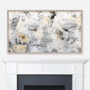 Black and gold abstract painting displayed in Samsung Frame TV above fireplace