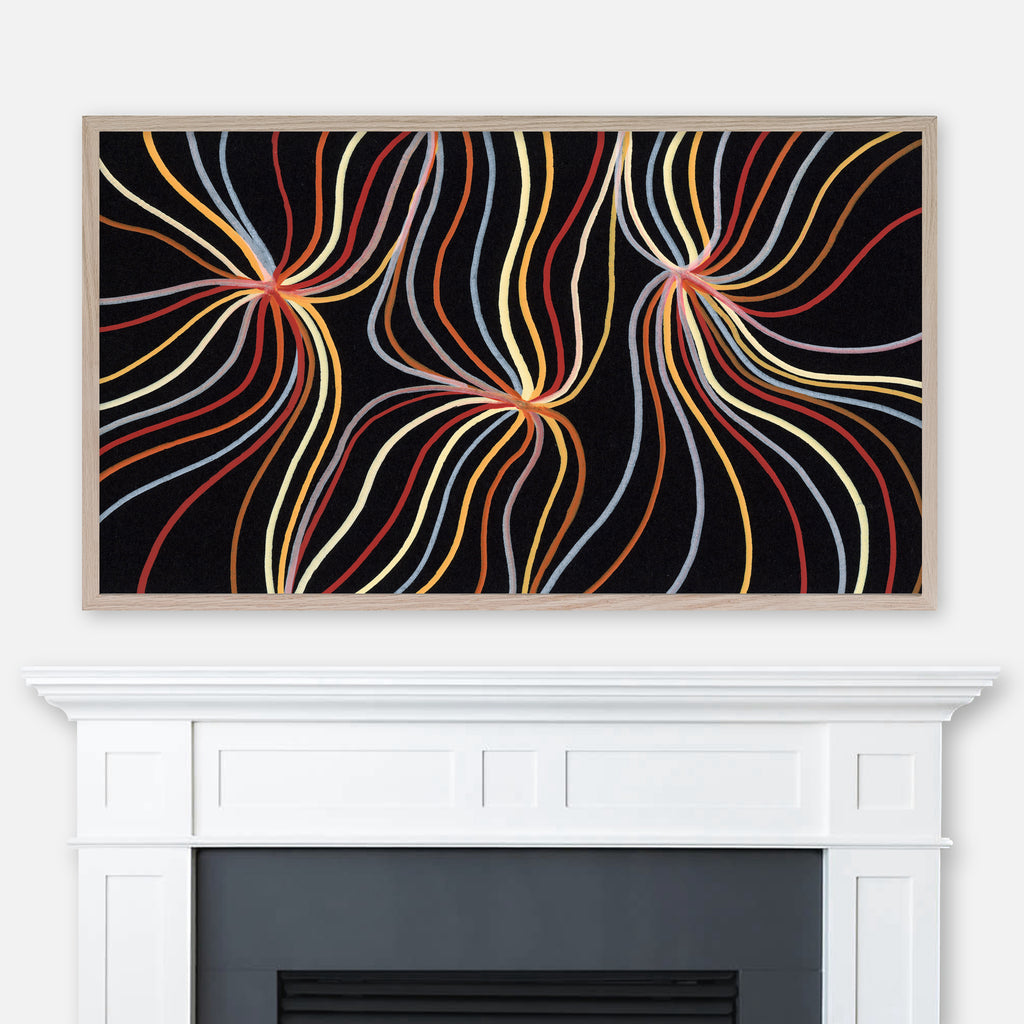 Orange earth tones and black abstract line pattern painting displayed in Samsung Frame TV above fireplace