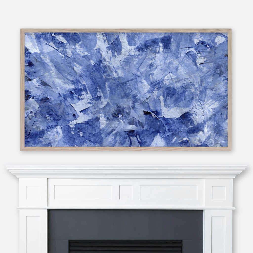 Indigo navy blue abstract painting displayed in Samsung Frame TV above fireplace