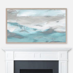 Turquoise blue gray and white abstract painting displayed full screen in Samsung Frame TV above fireplace