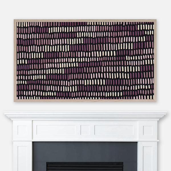 Abstract line pattern painting in shades of purple on black displayed full screen in Samsung Frame TV above fireplace