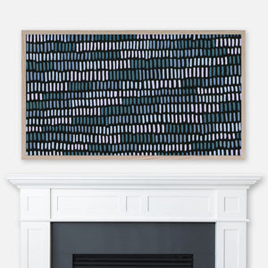 Abstract line pattern painting in shades of blue on black displayed full screen in Samsung Frame TV above fireplace