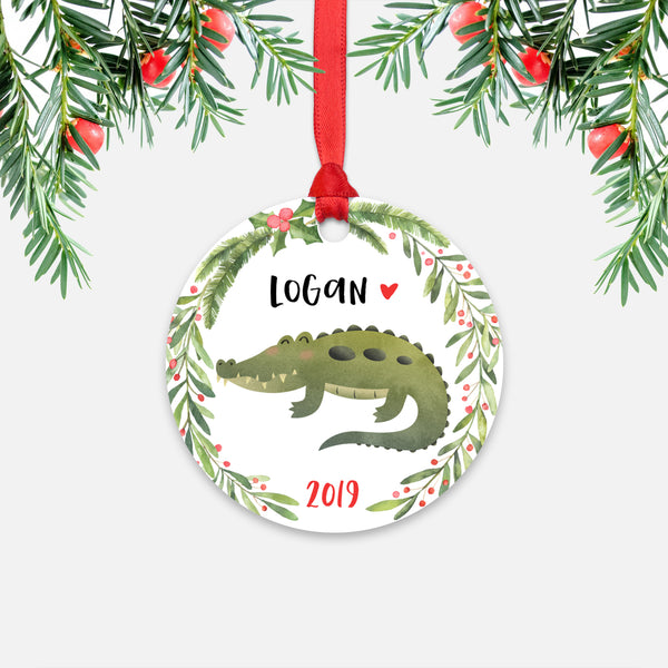 Alligator Crocodile Jungle Animal Personalized Kids Name Christmas Ornament for Boy or Girl - Round Aluminum - Red ribbon