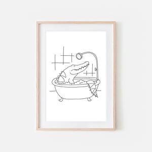 Alligator Crocodile - Jungle Animal in Bathtub Wall Art - Funny Bathroom Decor - Black and White Drawing - Downloadable Print