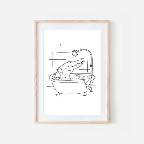 Alligator Crocodile - Jungle Animal in Bathtub Wall Art - Funny Bathroom Decor - Black and White Drawing - Downloadable Print