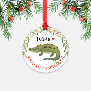 Alligator Crocodile Personalized Baby’s First Christmas Ornament for Baby Boy or Baby Girl - Cute Animal Baby 1st Holidays Decoration - Custom Christmas Gift Idea for New Parents - Round Aluminum - by Happy Cat Prints