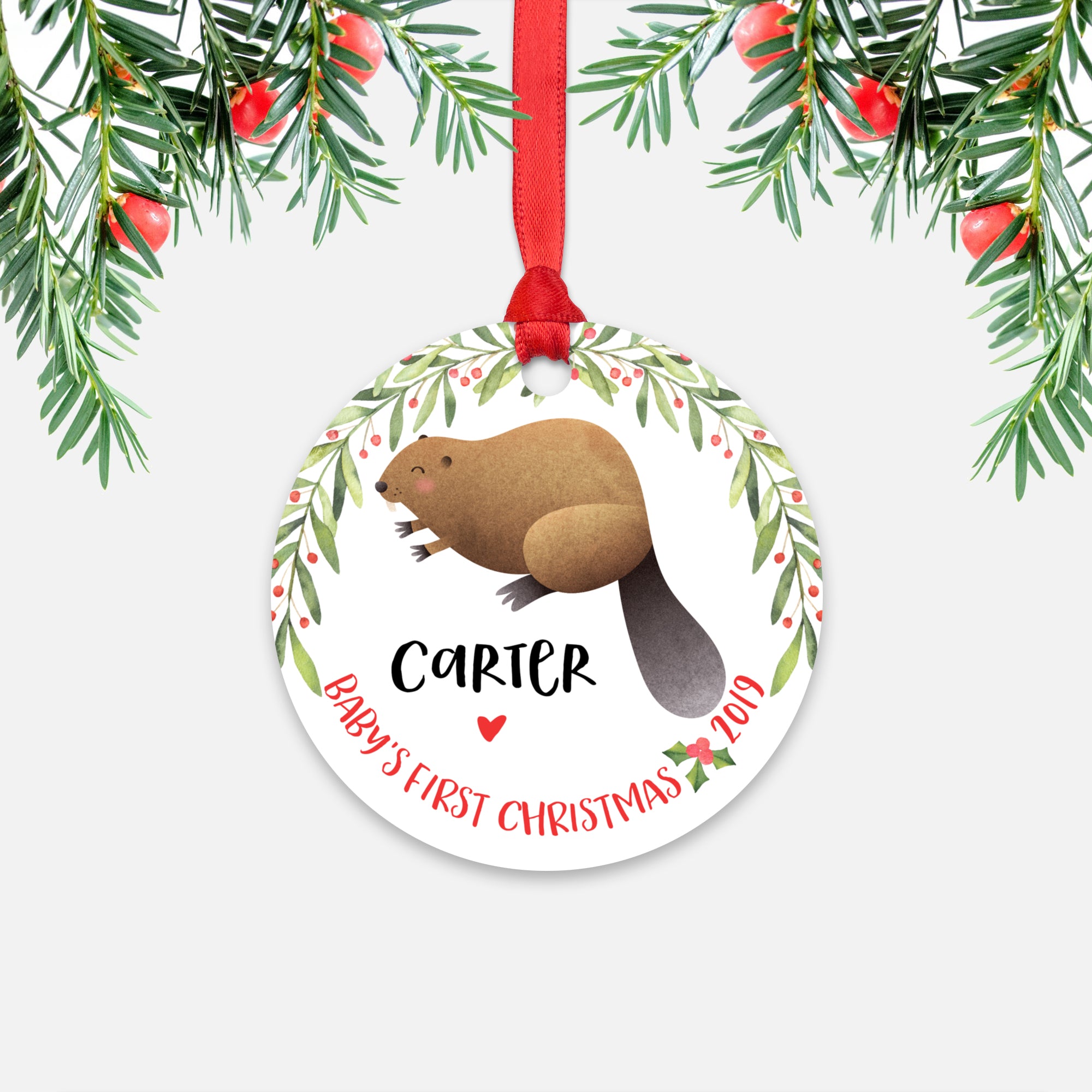 Beaver Personalized Baby’s First Christmas Ornament for Baby Boy or Baby Girl - Cute Woodland Animal Baby 1st Holidays Decoration - Custom Christmas Gift Idea for New Parents - Round Aluminum - by Happy Cat Prints