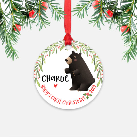 Black Bear Personalized Baby’s First Christmas Ornament for Baby Boy or Baby Girl - Cute Woodland Animal Baby 1st Holidays Decoration - Custom Christmas Gift Idea for New Parents - Round Aluminum - by Happy Cat Prints