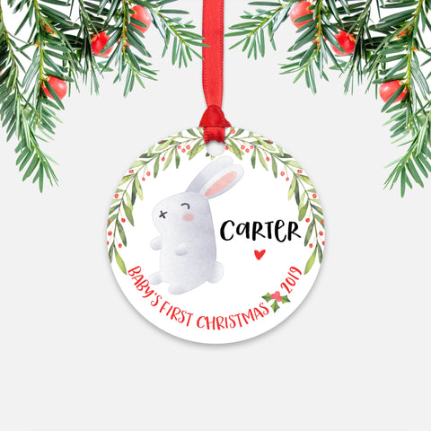 Bunny Rabbit Personalized Baby’s First Christmas Ornament for Baby Boy or Baby Girl - Cute Woodland Animal Baby 1st Holidays Decoration - Custom Christmas Gift Idea for New Parents - Round Aluminum - by Happy Cat Prints