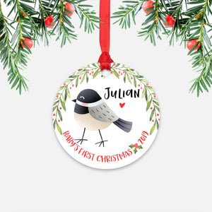 Chickadee Bird Personalized Baby’s First Christmas Ornament for Baby Boy or Baby Girl - Cute Woodland Animal Baby 1st Holidays Decoration - Custom Christmas Gift Idea for New Parents - Round Aluminum - by Happy Cat Prints