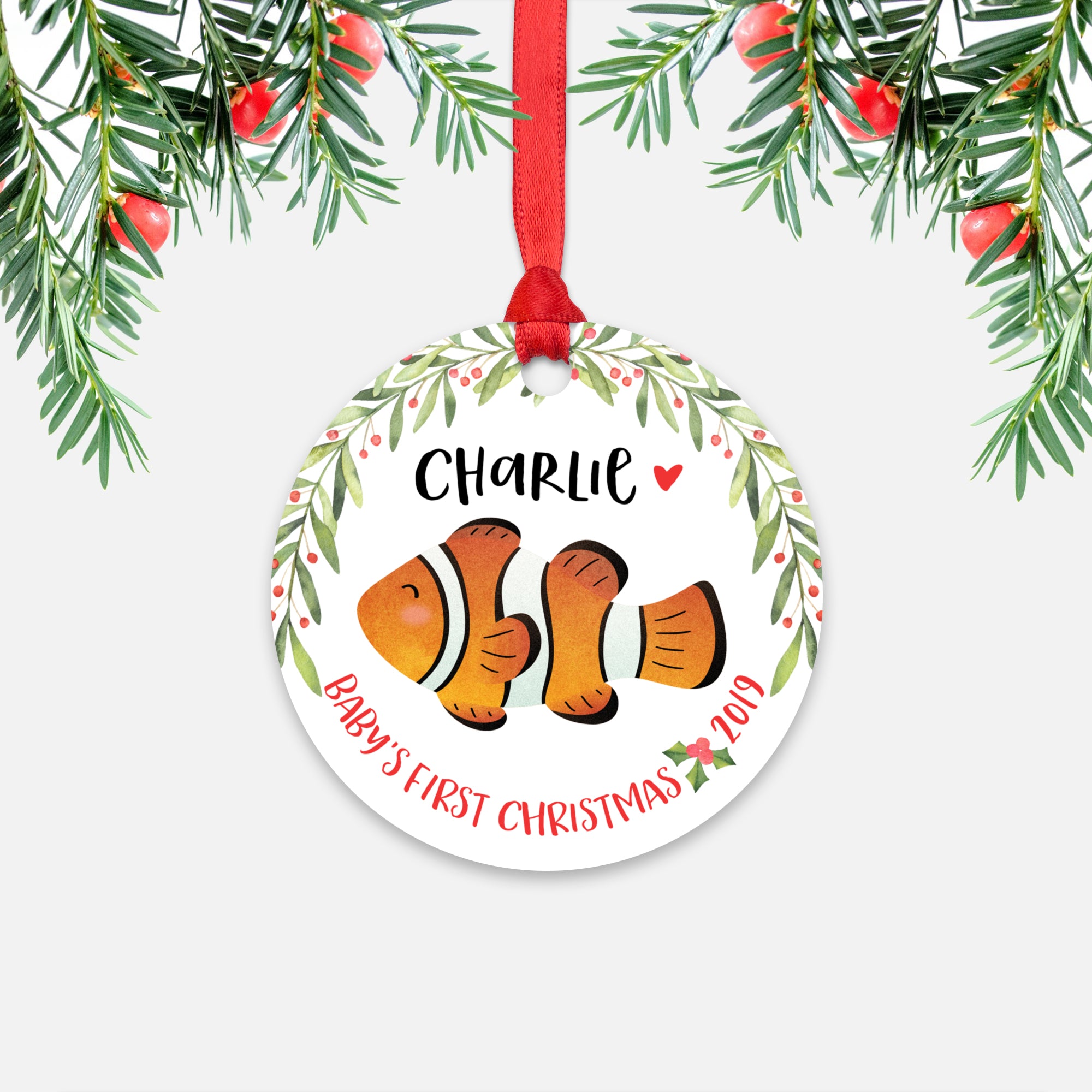 Clownfish Clown Fish Personalized Baby’s First Christmas Ornament for Baby Boy or Baby Girl - Cute Ocean Sea Animal Baby 1st Holidays Decoration - Custom Christmas Gift Idea for New Parents - Round Aluminum - by Happy Cat Prints