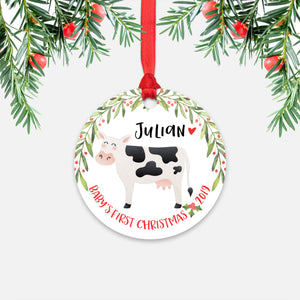 Cow Personalized Baby’s First Christmas Ornament for Baby Boy or Baby Girl - Cute Farm Animal Baby 1st Holidays Decoration - Custom Christmas Gift Idea for New Parents - Round Aluminum - by Happy Cat Prints