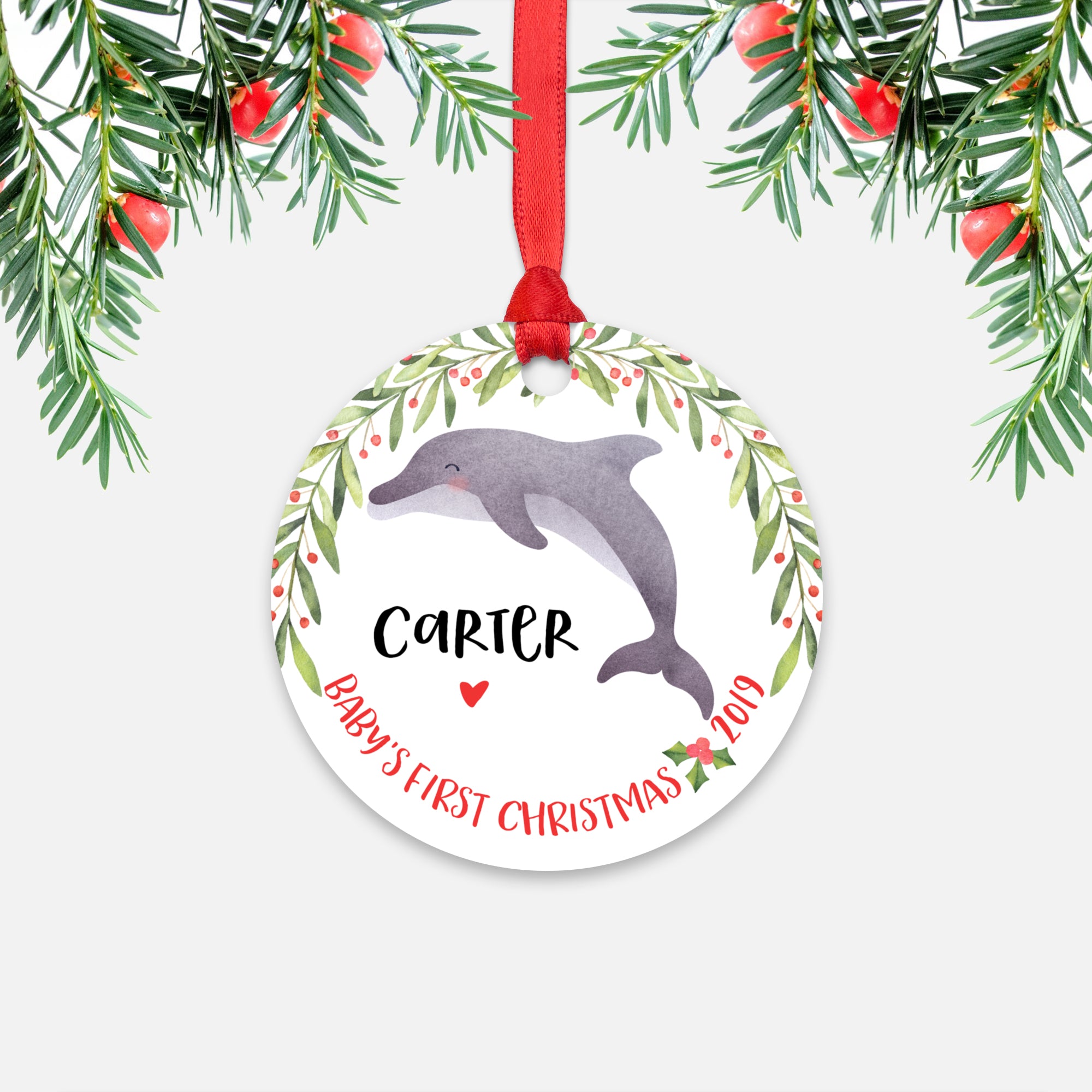 Dolphin Personalized Baby’s First Christmas Ornament for Baby Boy or Baby Girl - Cute Ocean Sea Animal Baby 1st Holidays Decoration - Custom Christmas Gift Idea for New Parents - Round Aluminum - by Happy Cat Prints
