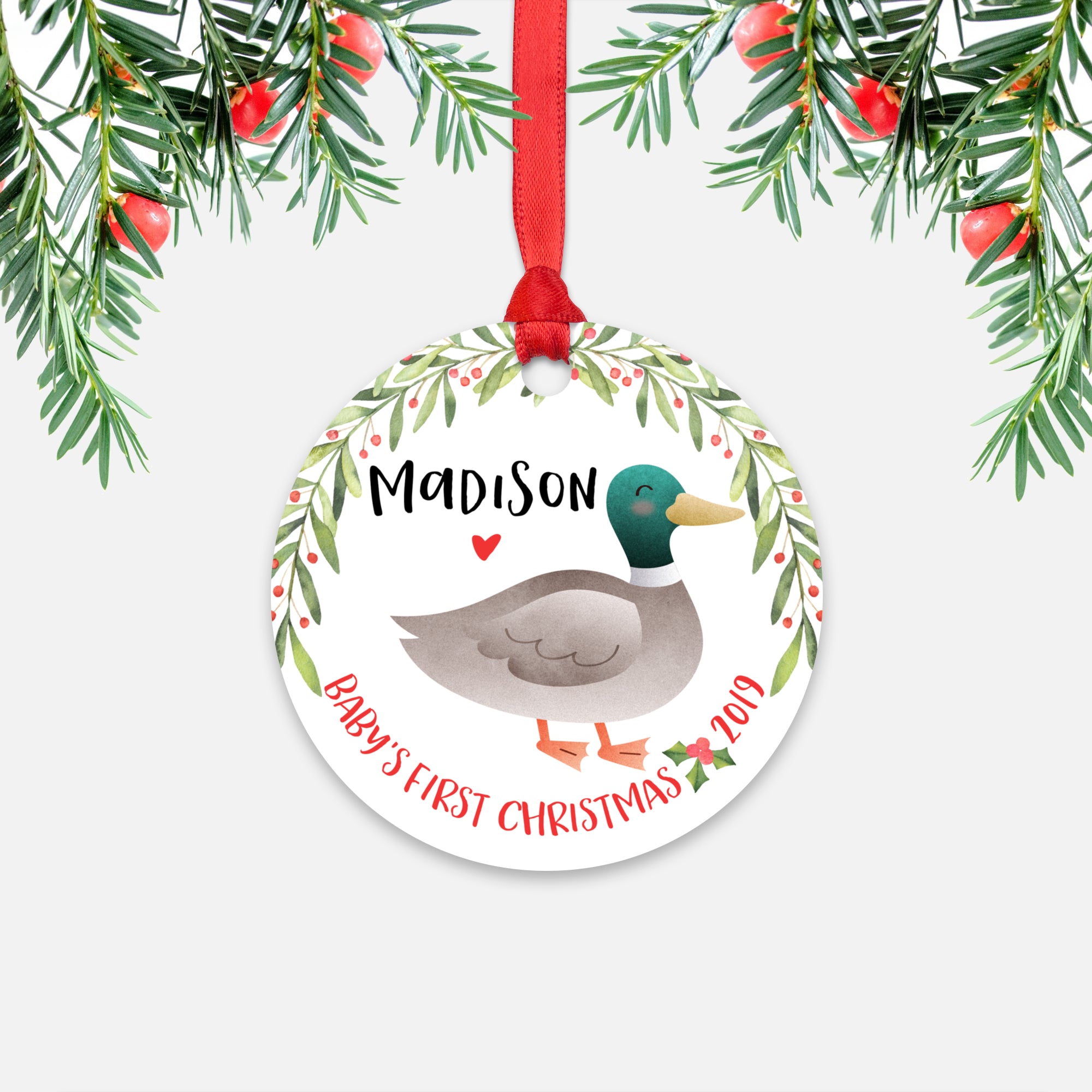 Mallard Duck Personalized Baby’s First Christmas Ornament for Baby Boy or Baby Girl - Cute Farm Animal Baby 1st Holidays Decoration - Custom Christmas Gift Idea for New Parents - Round Aluminum - by Happy Cat Prints