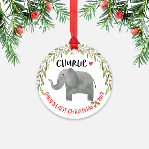 Elephant Personalized Baby’s First Christmas Ornament for Baby Boy or Baby Girl - Cute Jungle Safari Animal Baby 1st Holidays Decoration - Custom Christmas Gift Idea for New Parents - Round Aluminum - by Happy Cat Prints
