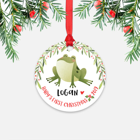 Frog Personalized Baby’s First Christmas Ornament for Baby Boy or Baby Girl - Cute Animal Baby 1st Holidays Decoration - Custom Christmas Gift Idea for New Parents - Round Aluminum - by Happy Cat Prints