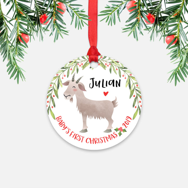 Goat Personalized Baby’s First Christmas Ornament for Baby Boy or Baby Girl - Cute Farm Animal Baby 1st Holidays Decoration - Custom Christmas Gift Idea for New Parents - Round Aluminum - by Happy Cat Prints