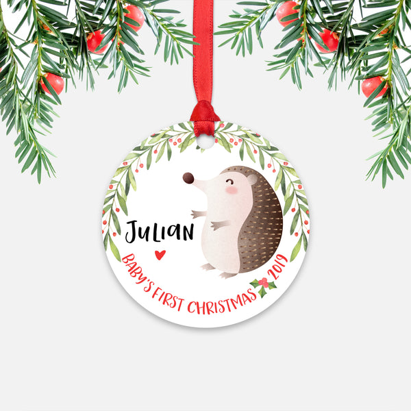 Hedgehog Personalized Baby’s First Christmas Ornament for Baby Boy or Baby Girl - Cute Woodland Animal Baby 1st Holidays Decoration - Custom Christmas Gift Idea for New Parents - Round Aluminum - by Happy Cat Prints