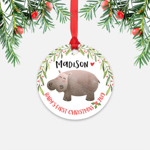 Hippo Hippopotamus Personalized Baby’s First Christmas Ornament for Baby Boy or Baby Girl - Cute Safari Jungle Animal Baby 1st Holidays Decoration - Custom Christmas Gift Idea for New Parents - Round Aluminum - by Happy Cat Prints