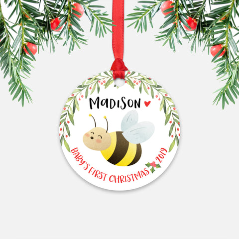 Honey Bee Bumblebee Personalized Baby’s First Christmas Ornament for Baby Boy or Baby Girl - Cute Animal Baby 1st Holidays Decoration - Custom Christmas Gift Idea for New Parents - Round Aluminum - by Happy Cat Prints
