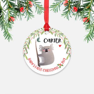Koala Bear Personalized Baby’s First Christmas Ornament for Baby Boy or Baby Girl - Cute Australian Animal Baby 1st Holidays Decoration - Custom Christmas Gift Idea for New Parents - Round Aluminum - by Happy Cat Prints