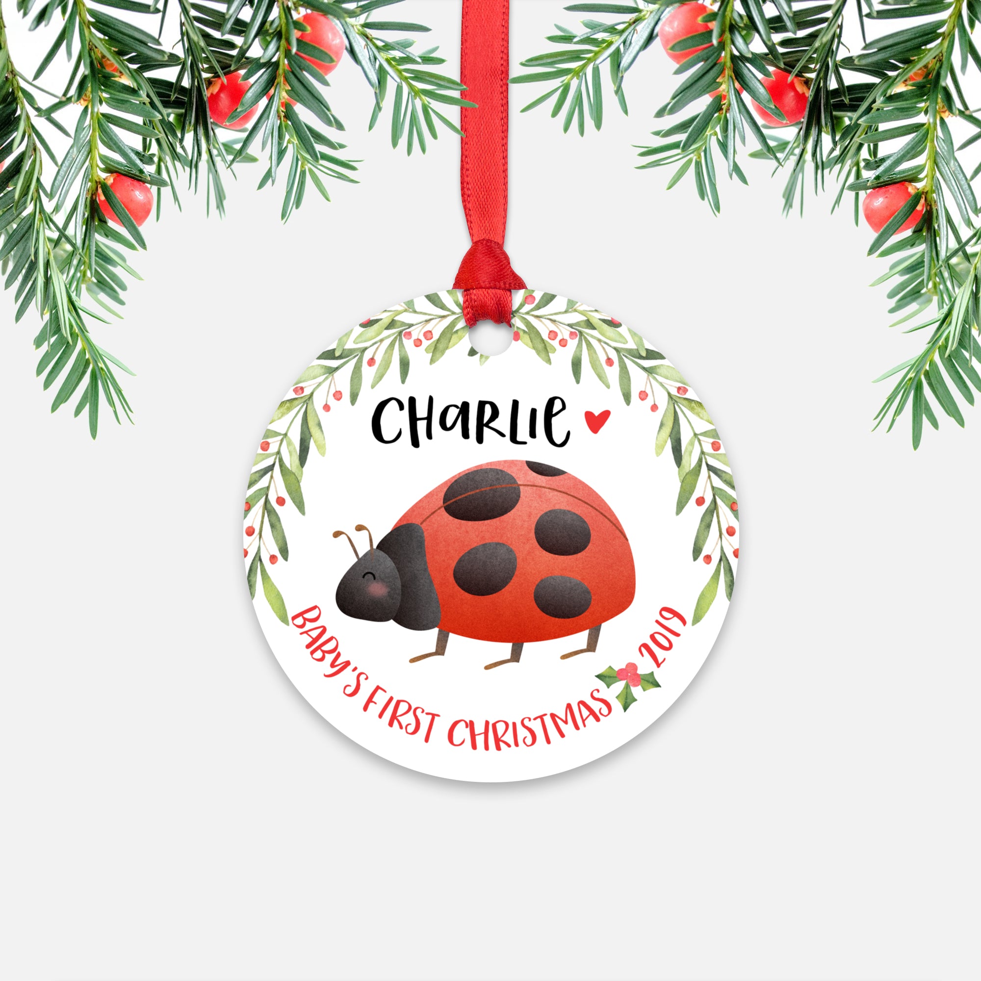 Ladybug Personalized Baby’s First Christmas Ornament for Baby Boy or Baby Girl - Cute Animal Baby 1st Holidays Decoration - Custom Christmas Gift Idea for New Parents - Round Aluminum - by Happy Cat Prints