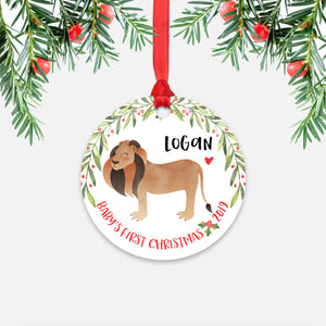Lion Personalized Baby’s First Christmas Ornament for Baby Boy or Baby Girl - Cute Jungle Safari Animal Baby 1st Holidays Decoration - Custom Christmas Gift Idea for New Parents - Round Aluminum - by Happy Cat Prints