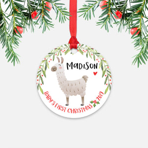 Llama Alpaca Personalized Baby’s First Christmas Ornament for Baby Boy or Baby Girl - Cute Animal Baby 1st Holidays Decoration - Custom Christmas Gift Idea for New Parents - Round Aluminum - by Happy Cat Prints