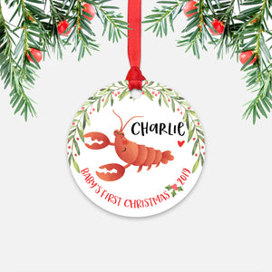 Lobster Personalized Baby’s First Christmas Ornament for Baby Boy or Baby Girl - Cute Ocean Sea Animal Baby 1st Holidays Decoration - Custom Christmas Gift Idea for New Parents - Round Aluminum - by Happy Cat Prints