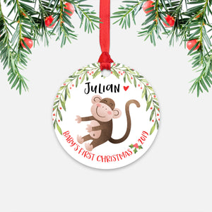 Monkey Personalized Baby’s First Christmas Ornament for Baby Boy or Baby Girl - Cute Jungle Animal Baby 1st Holidays Decoration - Custom Christmas Gift Idea for New Parents - Round Aluminum - by Happy Cat Prints