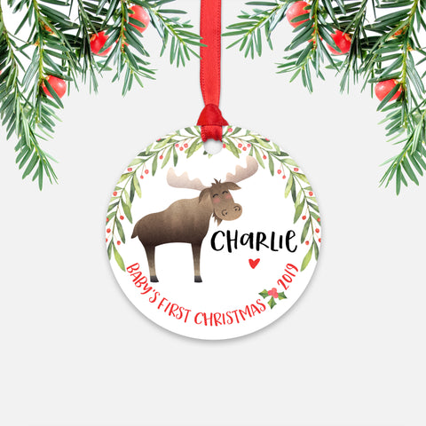 Moose Personalized Baby’s First Christmas Ornament for Baby Boy or Baby Girl - Cute Woodland Animal Baby 1st Holidays Decoration - Custom Christmas Gift Idea for New Parents - Round Aluminum - by Happy Cat Prints