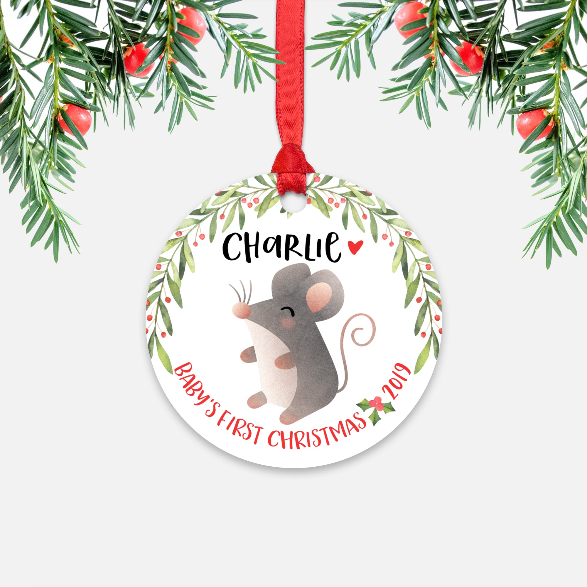 Mouse Personalized Baby’s First Christmas Ornament for Baby Boy or Baby Girl - Cute Animal Baby 1st Holidays Decoration - Custom Christmas Gift Idea for New Parents - Round Aluminum - by Happy Cat Prints