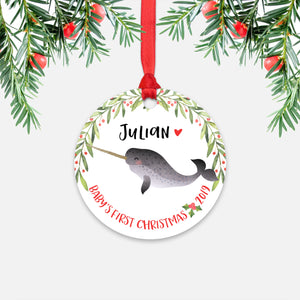 Narwhal Personalized Baby’s First Christmas Ornament for Baby Boy or Baby Girl - Cute Ocean Sea Animal Baby 1st Holidays Decoration - Custom Christmas Gift Idea for New Parents - Round Aluminum - by Happy Cat Prints