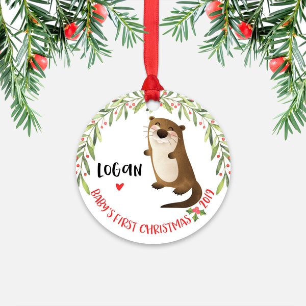 Otter Personalized Baby’s First Christmas Ornament for Baby Boy or Baby Girl - Cute Ocean Sea Animal Baby 1st Holidays Decoration - Custom Christmas Gift Idea for New Parents - Round Aluminum - by Happy Cat Prints