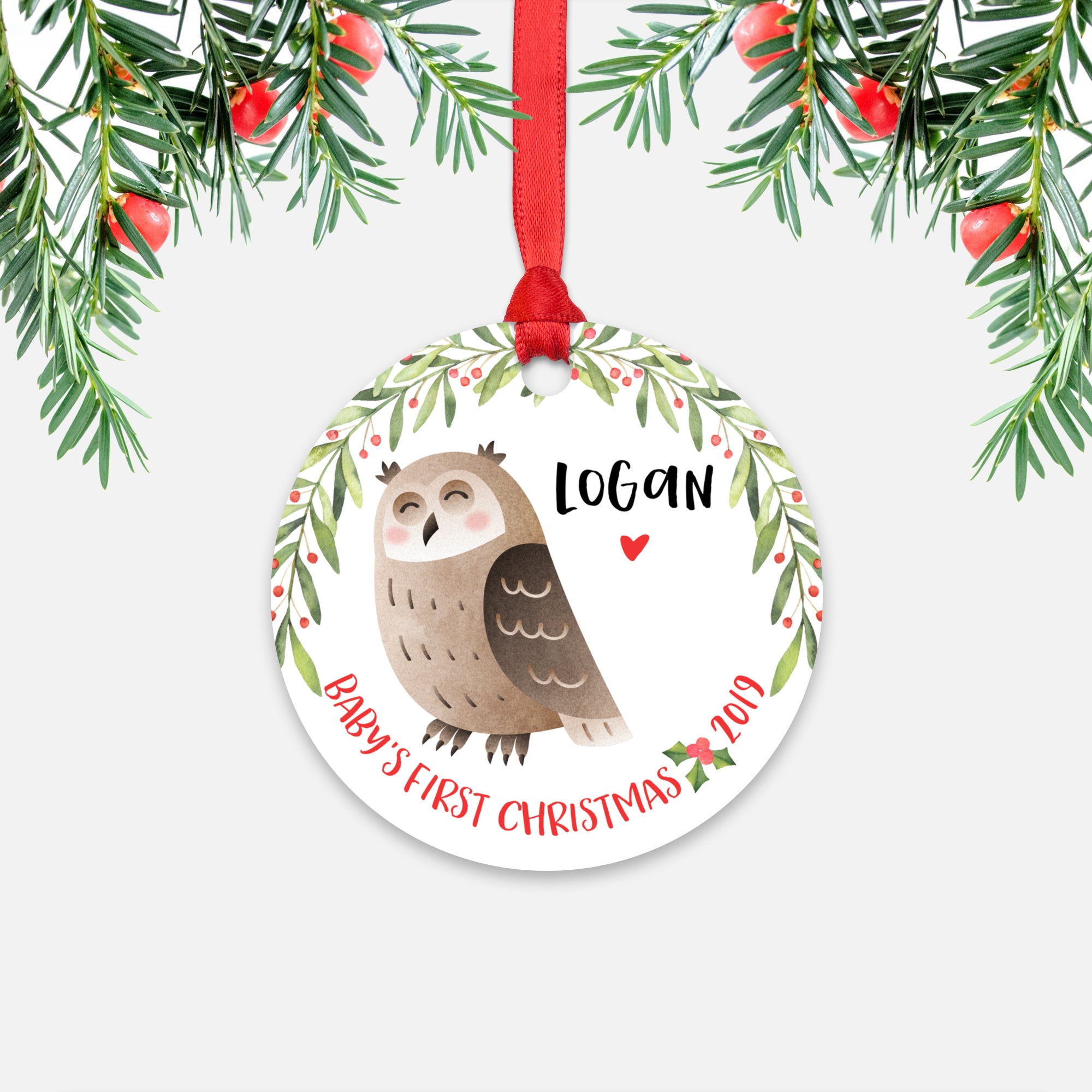 Owl Personalized Baby’s First Christmas Ornament for Baby Boy or Baby Girl - Cute Woodland Animal Baby 1st Holidays Decoration - Custom Christmas Gift Idea for New Parents - Round Aluminum - by Happy Cat Prints