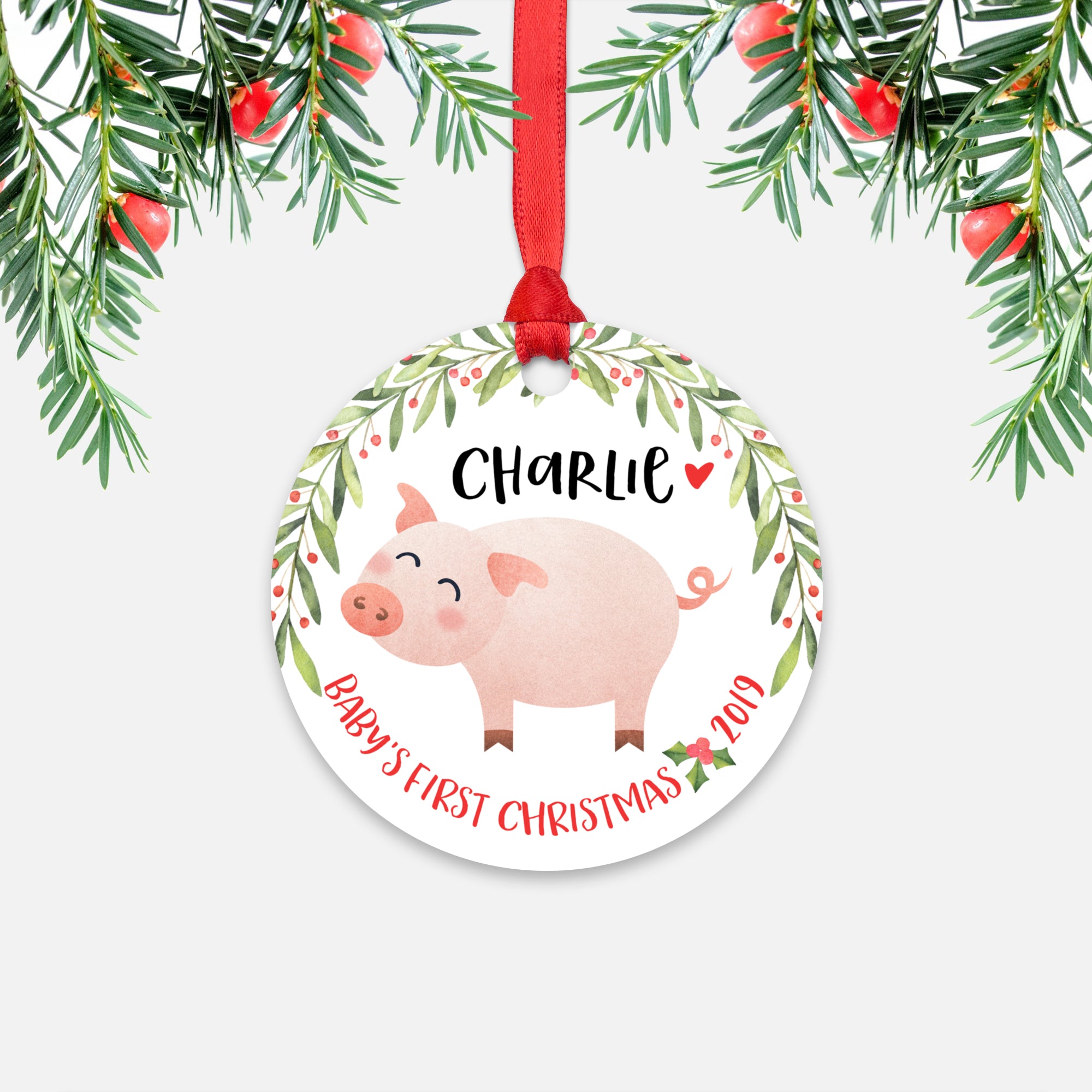 Pig Personalized Baby’s First Christmas Ornament for Baby Boy or Baby Girl - Cute Farm Animal Baby 1st Holidays Decoration - Custom Christmas Gift Idea for New Parents - Round Aluminum - by Happy Cat Prints