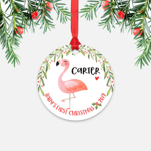 Pink Flamingo Bird Personalized Baby’s First Christmas Ornament for Baby Boy or Baby Girl - Cute Tropical Animal Baby 1st Holidays Decoration - Custom Christmas Gift Idea for New Parents - Round Aluminum - by Happy Cat Prints