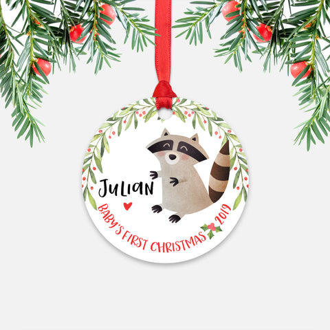 Raccoon Personalized Baby’s First Christmas Ornament for Baby Boy or Baby Girl - Cute Woodland Animal Baby 1st Holidays Decoration - Custom Christmas Gift Idea for New Parents - Round Aluminum - by Happy Cat Prints