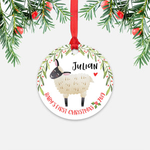 Sheep Lamb Personalized Baby’s First Christmas Ornament for Baby Boy or Baby Girl - Cute Farm Animal Baby 1st Holidays Decoration - Custom Christmas Gift Idea for New Parents - Round Aluminum - by Happy Cat Prints