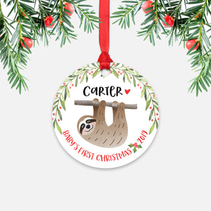 Sloth Personalized Baby’s First Christmas Ornament for Baby Boy or Baby Girl - Cute Tropical Animal Baby 1st Holidays Decoration - Custom Christmas Gift Idea for New Parents - Round Aluminum - by Happy Cat Prints