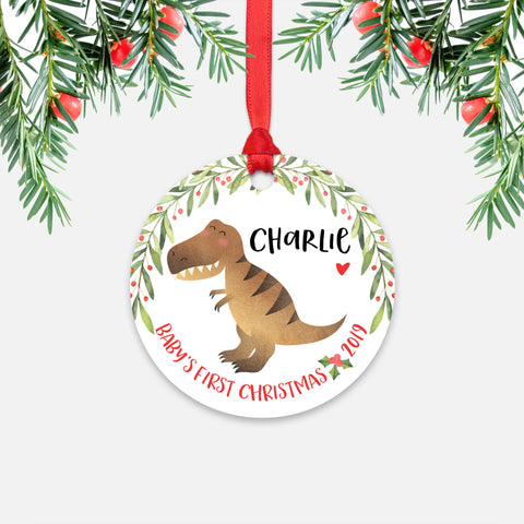 T-Rex Dinosaur Tyrannosaurus Rex Personalized Baby’s First Christmas Ornament for Baby Boy or Baby Girl - Cute Animal Baby 1st Holidays Decoration - Custom Christmas Gift Idea for New Parents - Round Aluminum - by Happy Cat Prints
