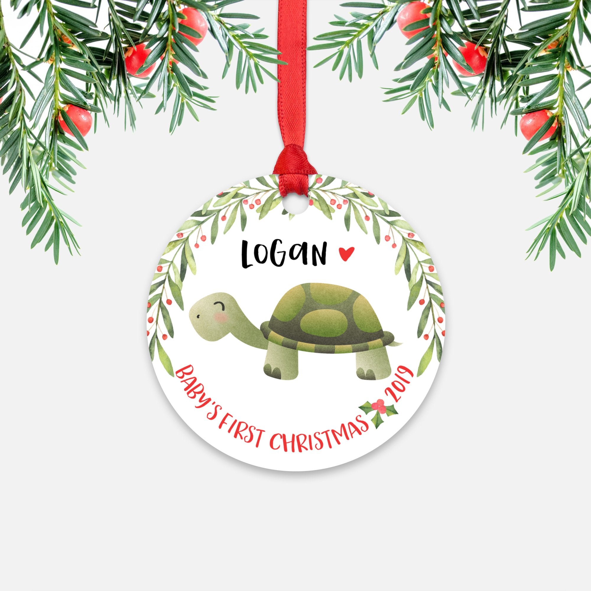Turtle Tortoise Personalized Baby’s First Christmas Ornament for Baby Boy or Baby Girl - Cute Animal Baby 1st Holidays Decoration - Custom Christmas Gift Idea for New Parents - Round Aluminum - by Happy Cat Prints