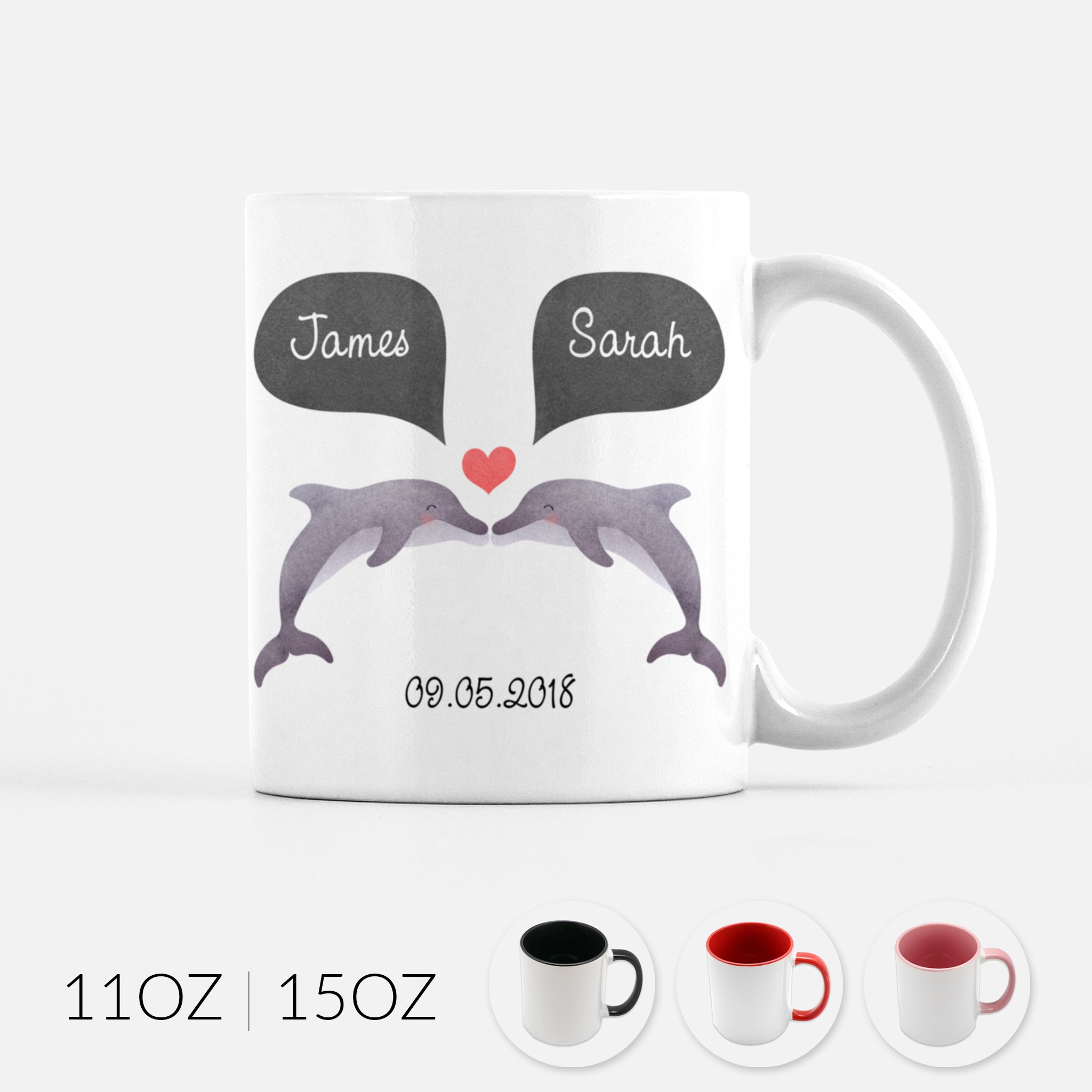 Personalized Dolphin Couple Ceramic Coffee Mug for Animal Lover - By Happy Cat Prints